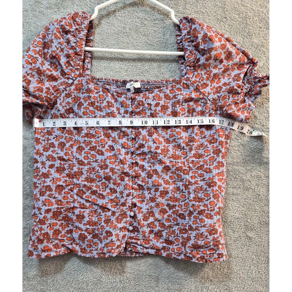 Madewell Floral Button Front Smocked Back Puff Sleeve Top Rust Blue Size 4 - Picture 6 of 7